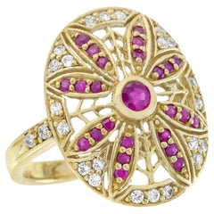 Natural Ruby Diamond Vintage Style Floral Cocktail Ring in Solid 14K Yellow Gold