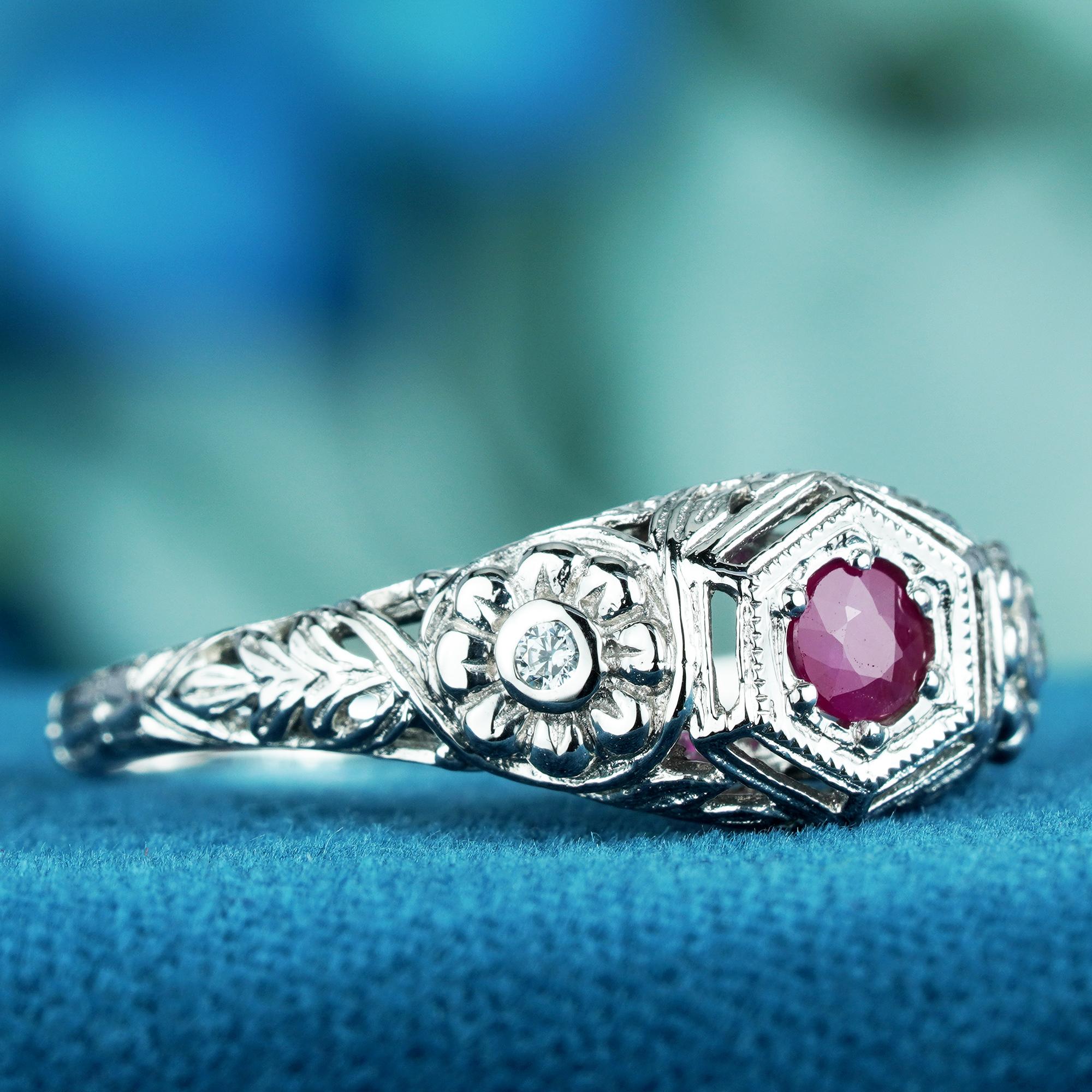 For Sale:  Natural Ruby Diamond Vintage Style Floral Filigree Ring in 9K White Gold 2