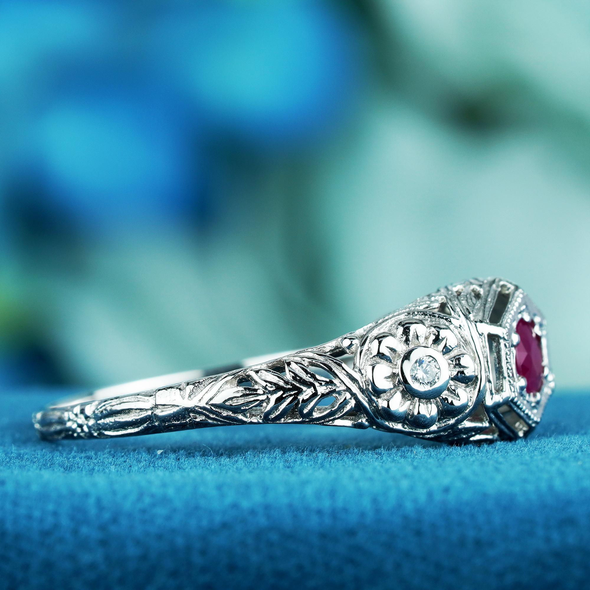 For Sale:  Natural Ruby Diamond Vintage Style Floral Filigree Ring in 9K White Gold 4