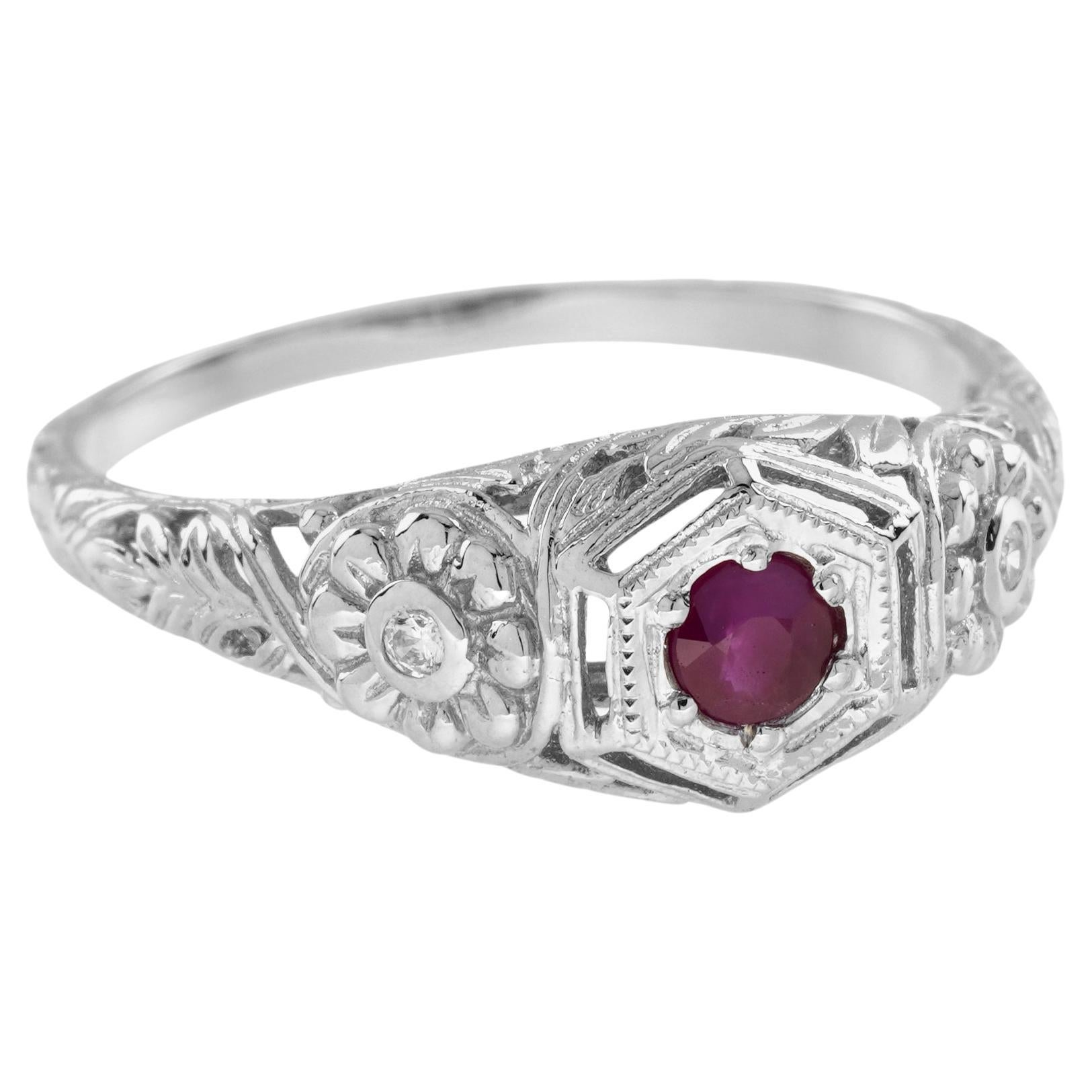 Natural Ruby Diamond Vintage Style Floral Filigree Ring in 9K White Gold