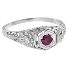 Natural Ruby Diamond Vintage Style Floral Filigree Ring in 9K White Gold