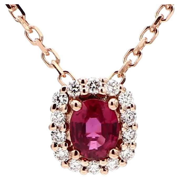 Natural Oval Red Ruby and White Diamond .58 Carat TW Rose Gold Pendant For Sale