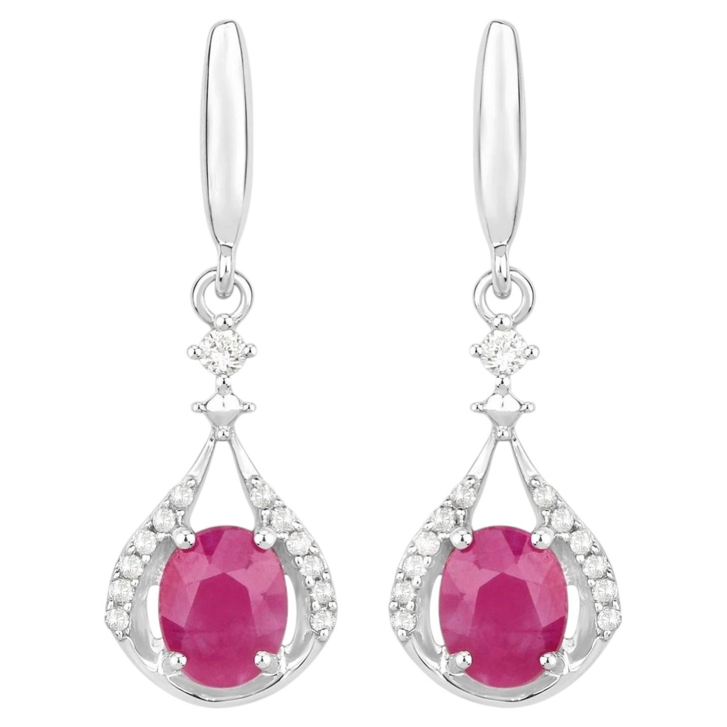Natural Ruby Earrings With Diamonds 0.66 Carats 14K White Gold