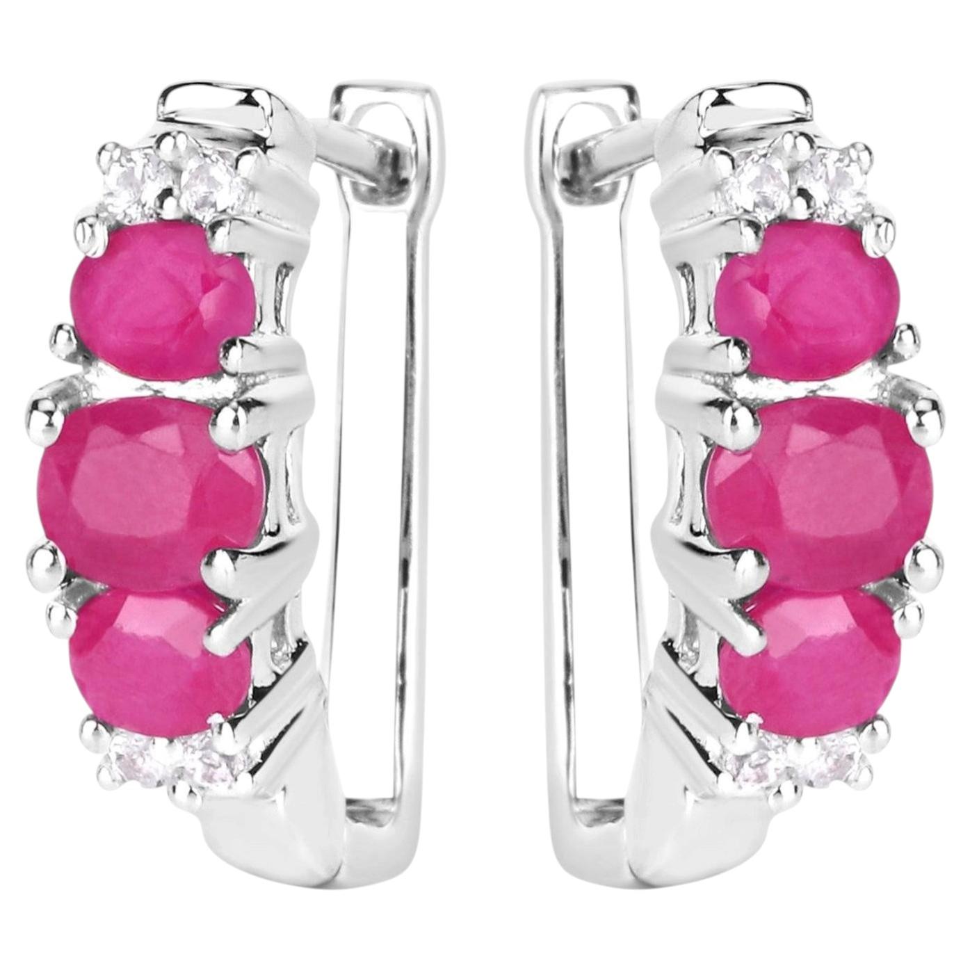 Natural Ruby Earrings With White Topaz 1.60 Carats Sterling Silver For Sale