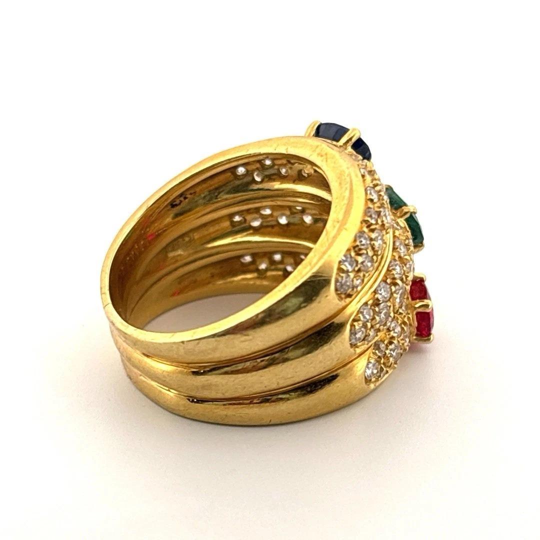 Brilliant Cut Natural Ruby Emerald 18K Yellow Gold Sapphire Diamond Wide Ring For Sale