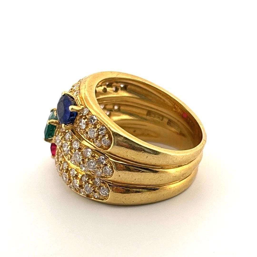 Natural Ruby Emerald 18K Yellow Gold Sapphire Diamond Wide Ring In Excellent Condition For Sale In Carmel By The Sea, CA