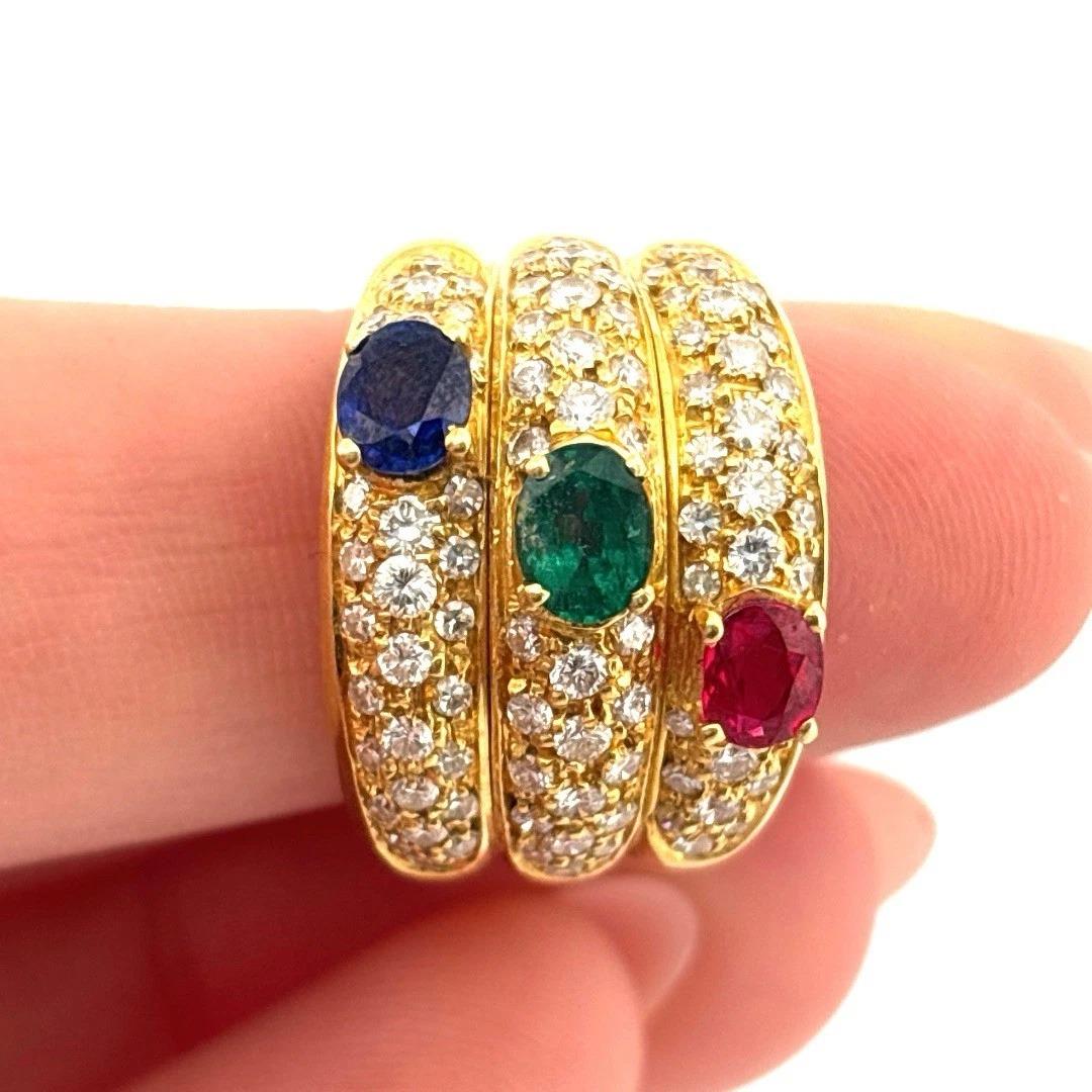 Women's Natural Ruby Emerald 18K Yellow Gold Sapphire Diamond Wide Ring For Sale