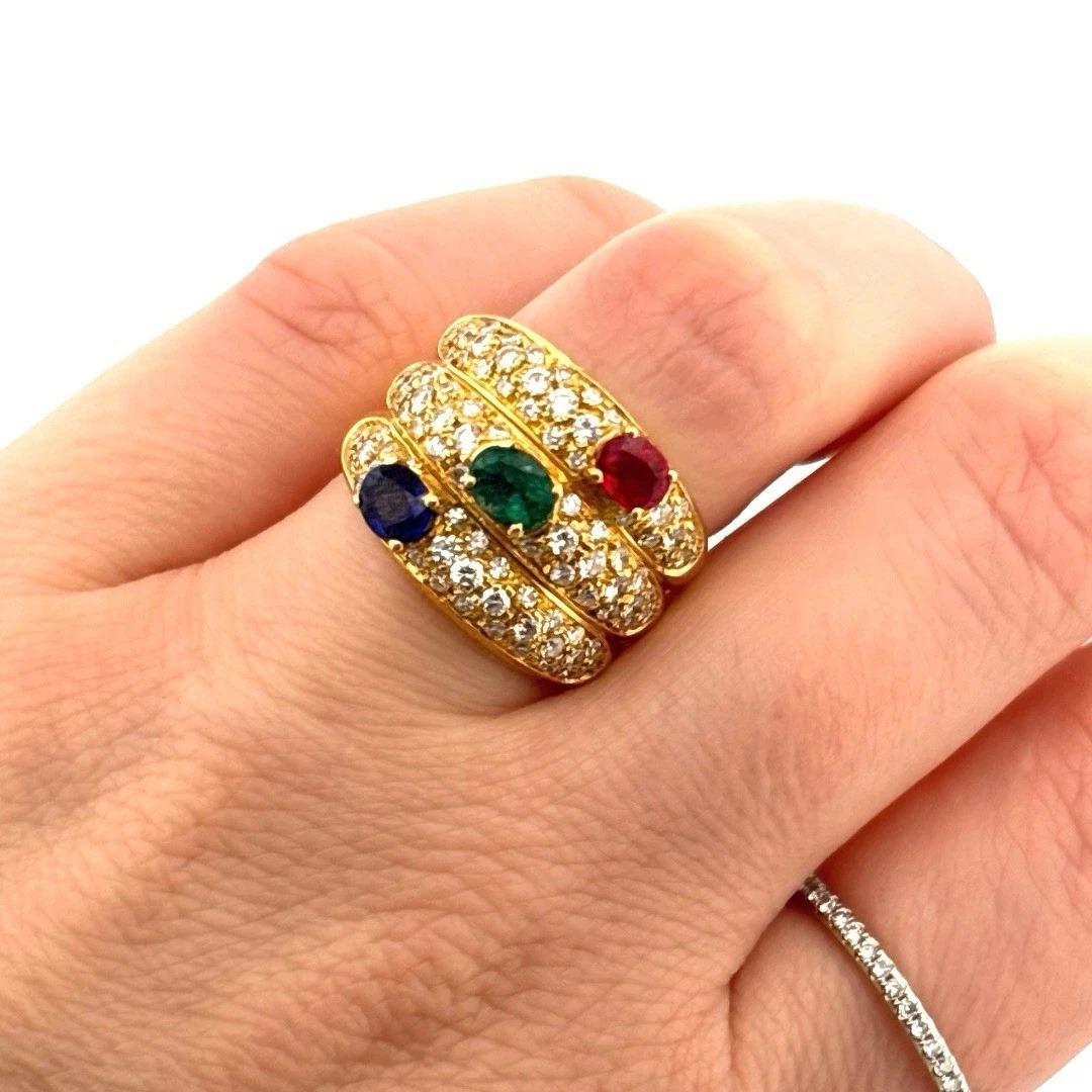 Natural Ruby Emerald 18K Yellow Gold Sapphire Diamond Wide Ring For Sale 1