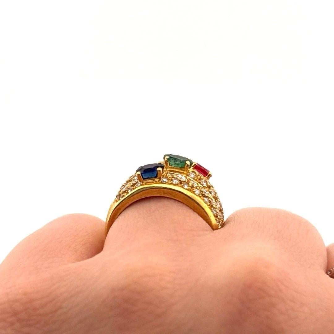 Natural Ruby Emerald 18K Yellow Gold Sapphire Diamond Wide Ring For Sale 2