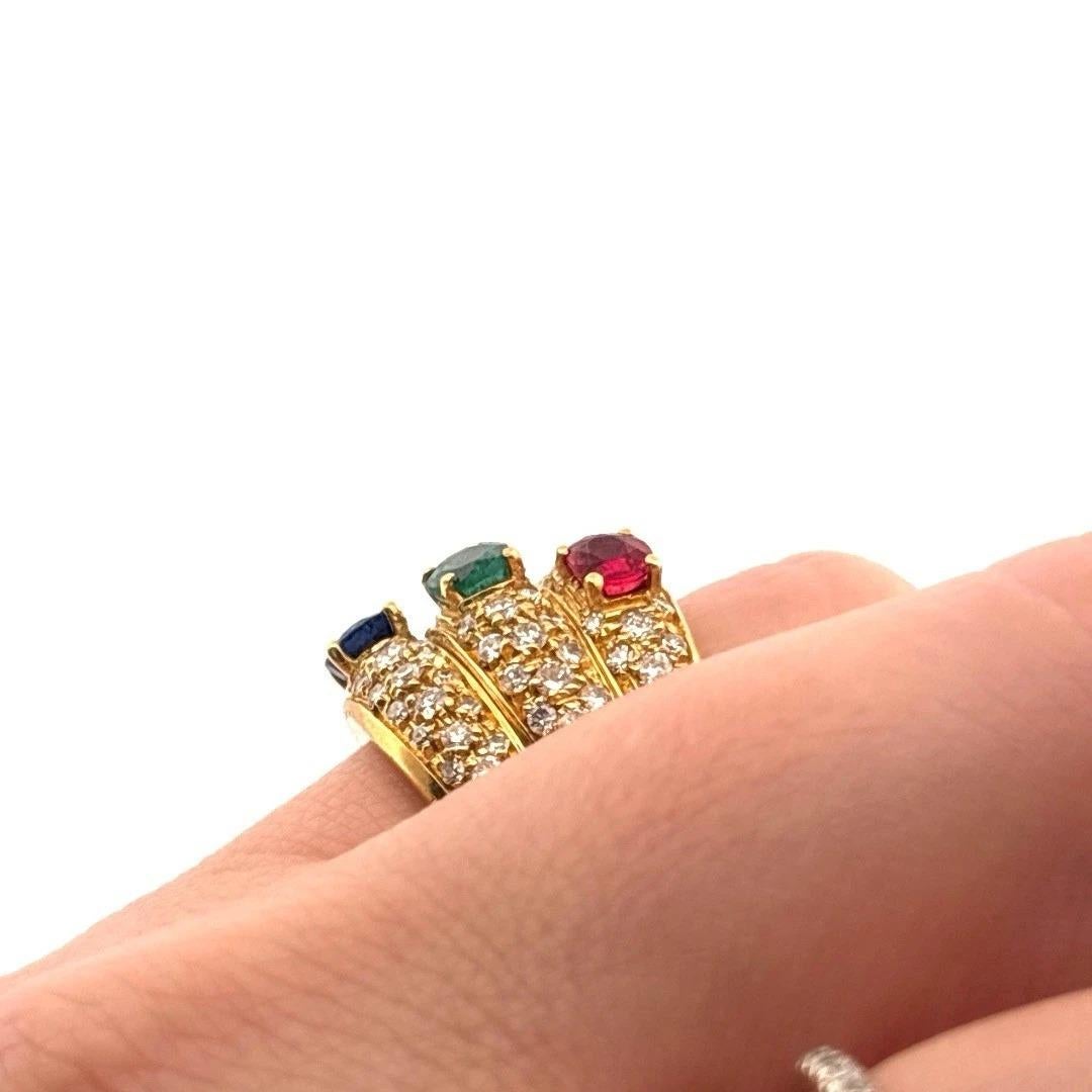 Natural Ruby Emerald 18K Yellow Gold Sapphire Diamond Wide Ring For Sale 3