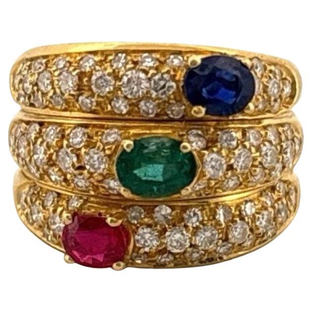 Natural Ruby Emerald 18K Yellow Gold Sapphire Diamond Wide Ring For Sale