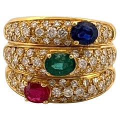 Natural Ruby Emerald 18K Yellow Gold Sapphire Diamond Wide Ring