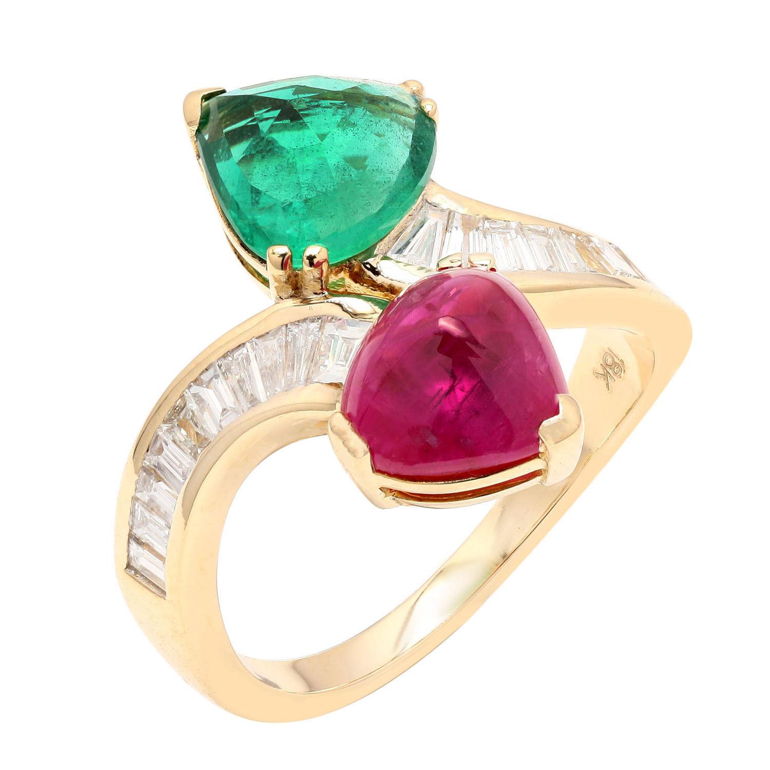 Rose Cut Natural Ruby Emerald and Diamond Bypass Ring 4.53 Carats Total 18K Yellow Gold For Sale
