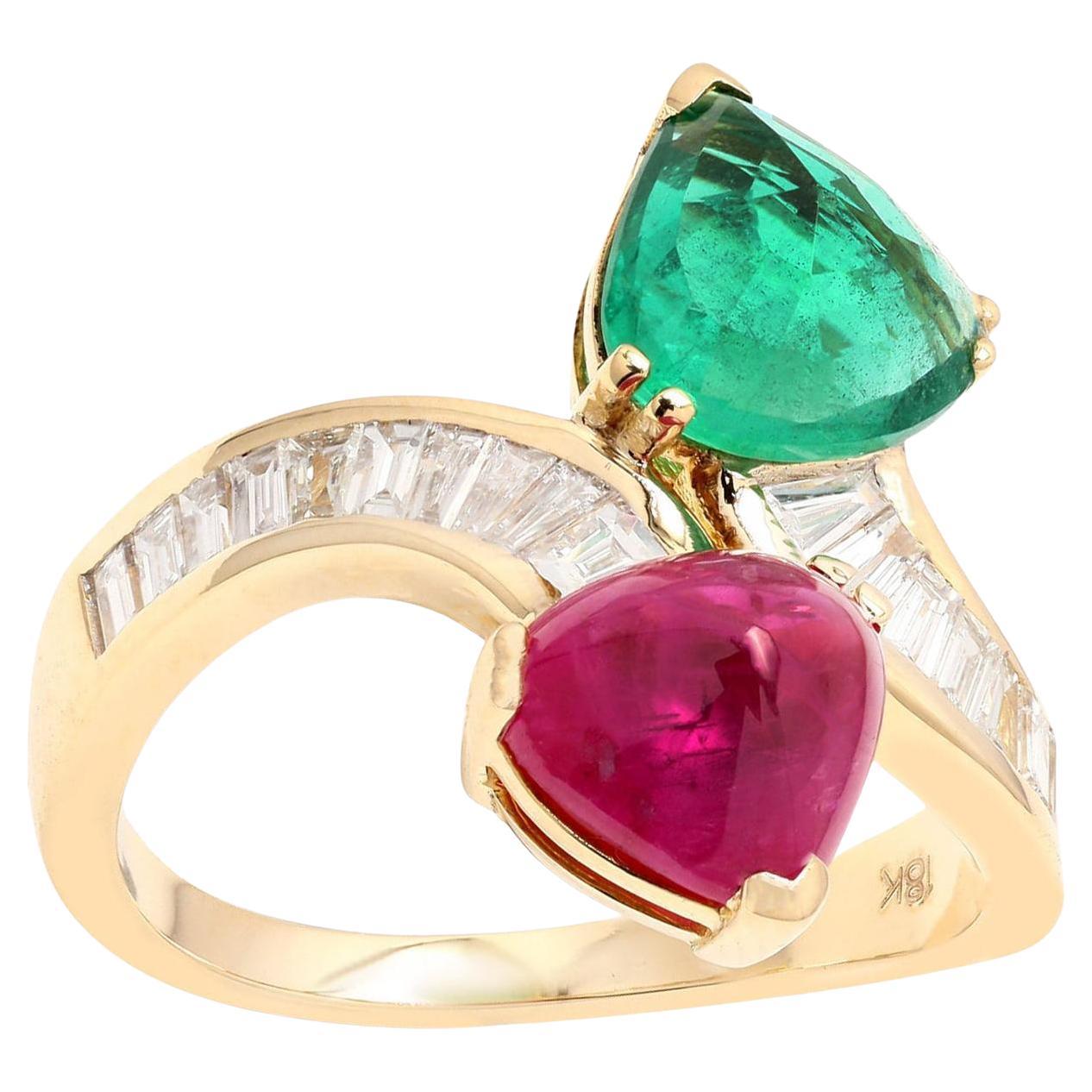 Natural Ruby Emerald and Diamond Bypass Ring 4.53 Carats Total 18K Yellow Gold For Sale
