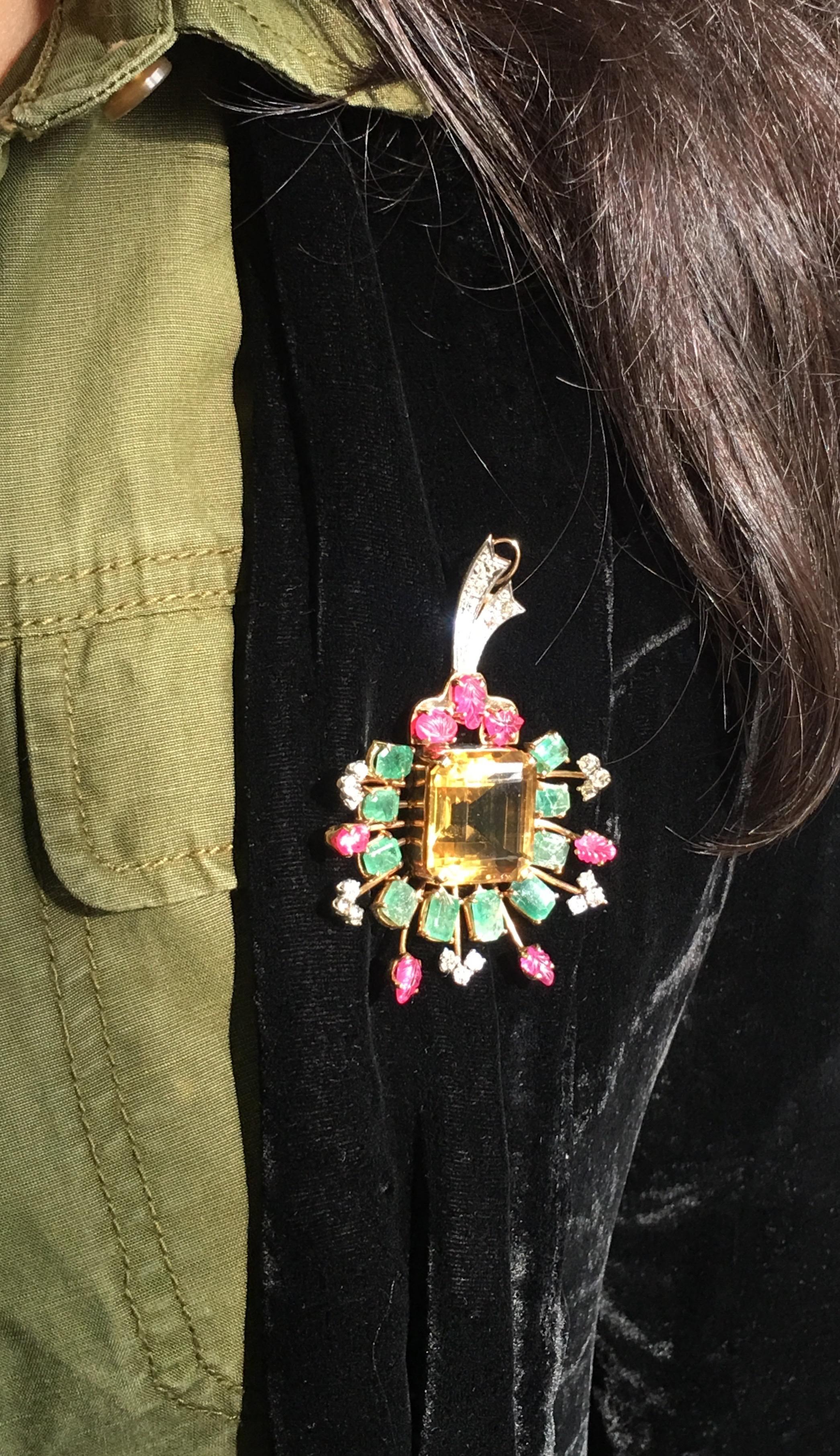 Edwardian Natural Ruby, Emerald, Citrine and Diamond Broach or Pendant in 14 Karat Gold.