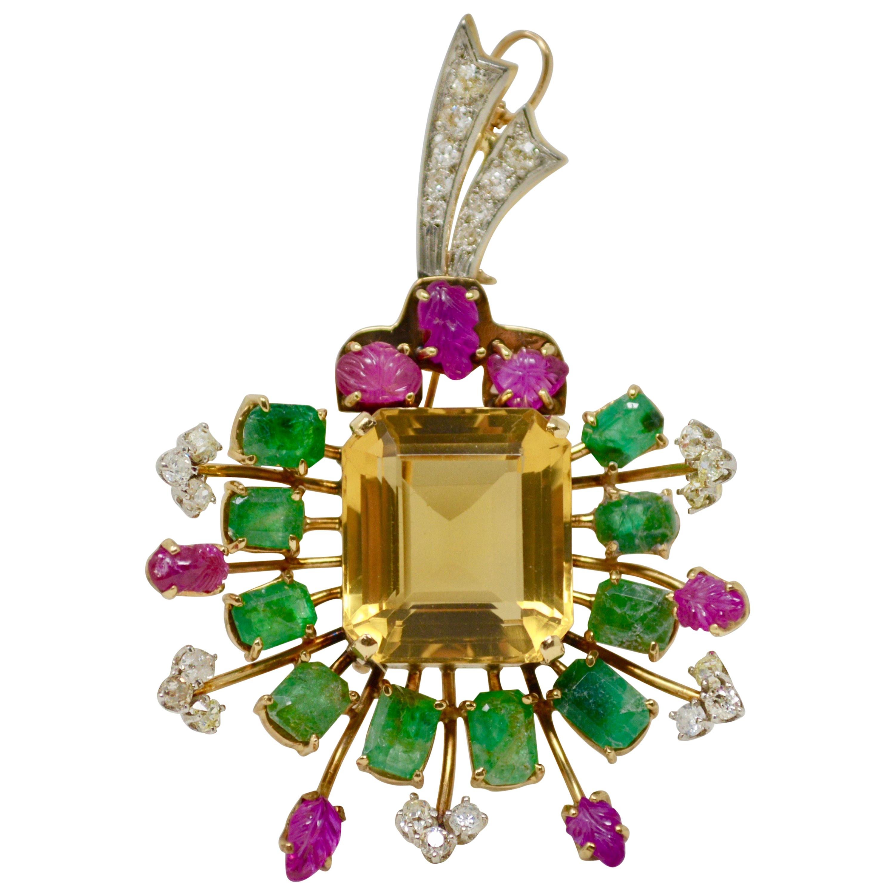 Natural Ruby, Emerald, Citrine and Diamond Broach or Pendant in 14 Karat Gold.