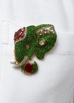 Natural Emerald Diamond & Ruby Brooch in 18k Gold