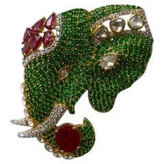 Natural Emerald Diamond & Ruby Brooch in 18k Gold