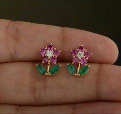 Natürlicher Rubin, Smaragd & Diamant-Ohrring in 14k Gold