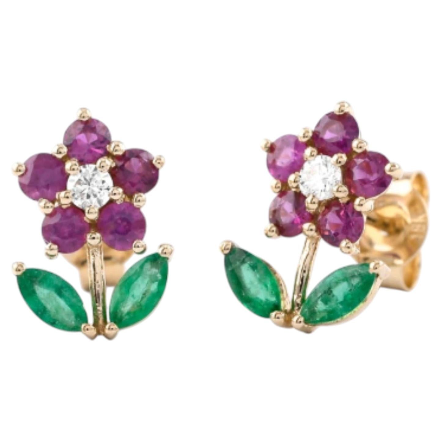 Natural Ruby, Emerald & Diamond Earring in 14k Gold For Sale