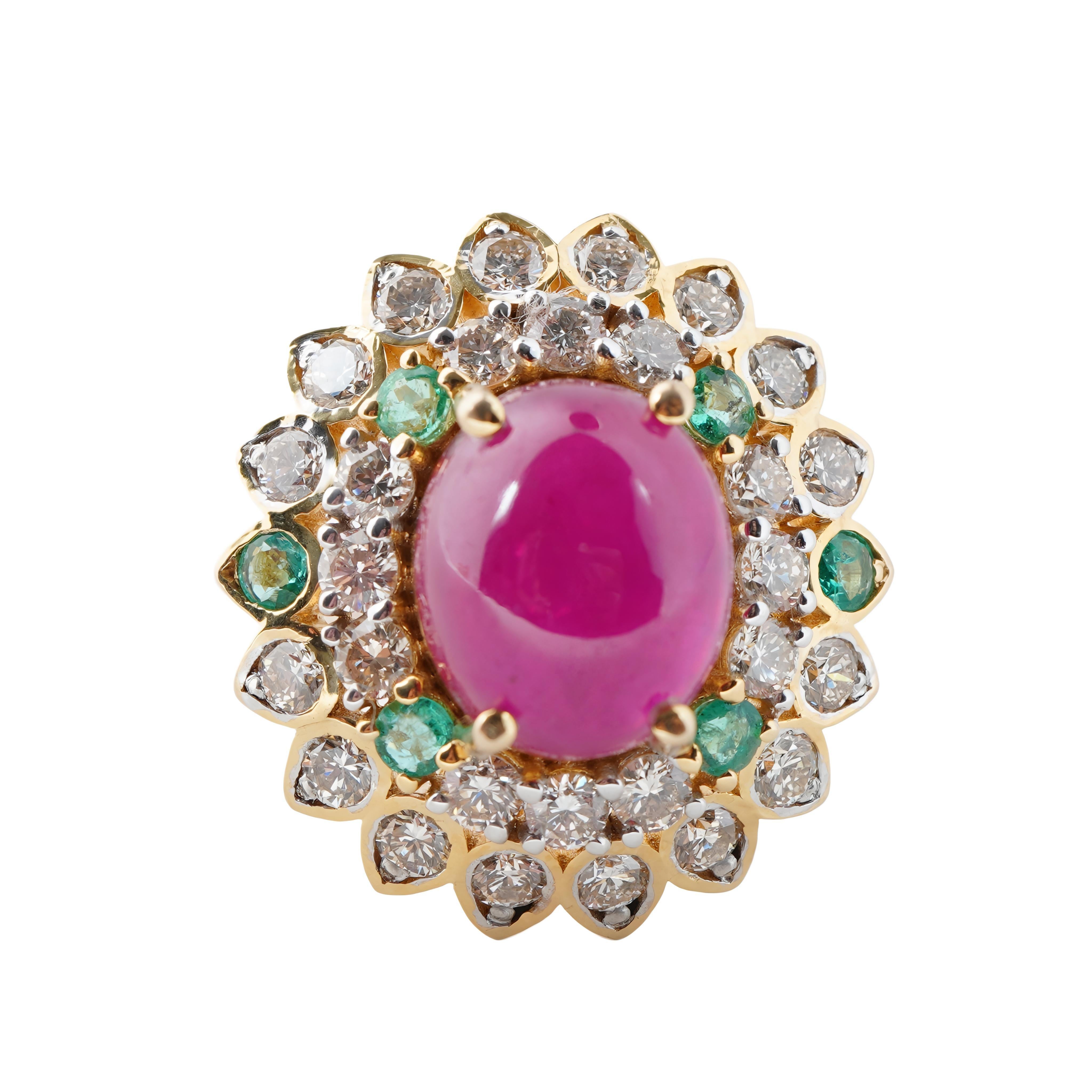 Bague rubis naturel émeraude diamant en or 14k Pour femmes en vente