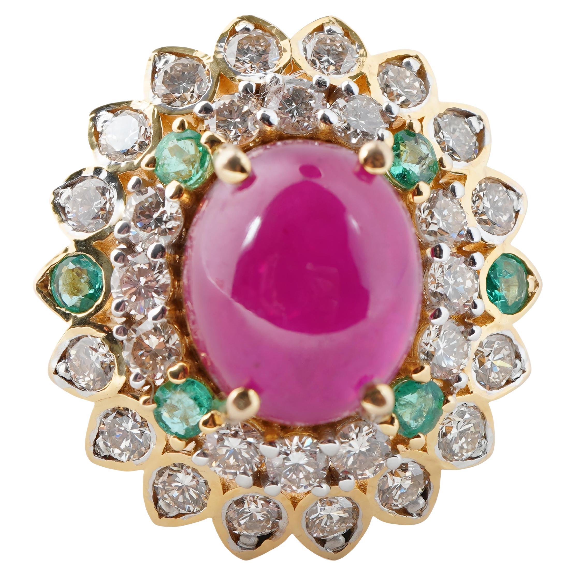 Natural ruby emerald diamond ring in 14k gold