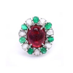 Natural Ruby, Emerald & Diamond Ring in 18K Gold, India, 6.06ct Ruby