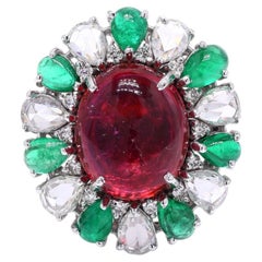 Natural Ruby, Emerald & Diamond Ring in 18K Gold, India, 6.06ct Ruby