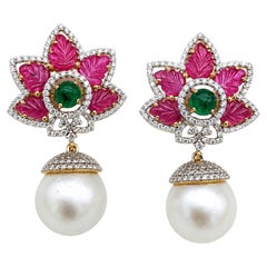 Natural Ruby, Emerald, Pearl, & Diamond Earring in 14k Gold