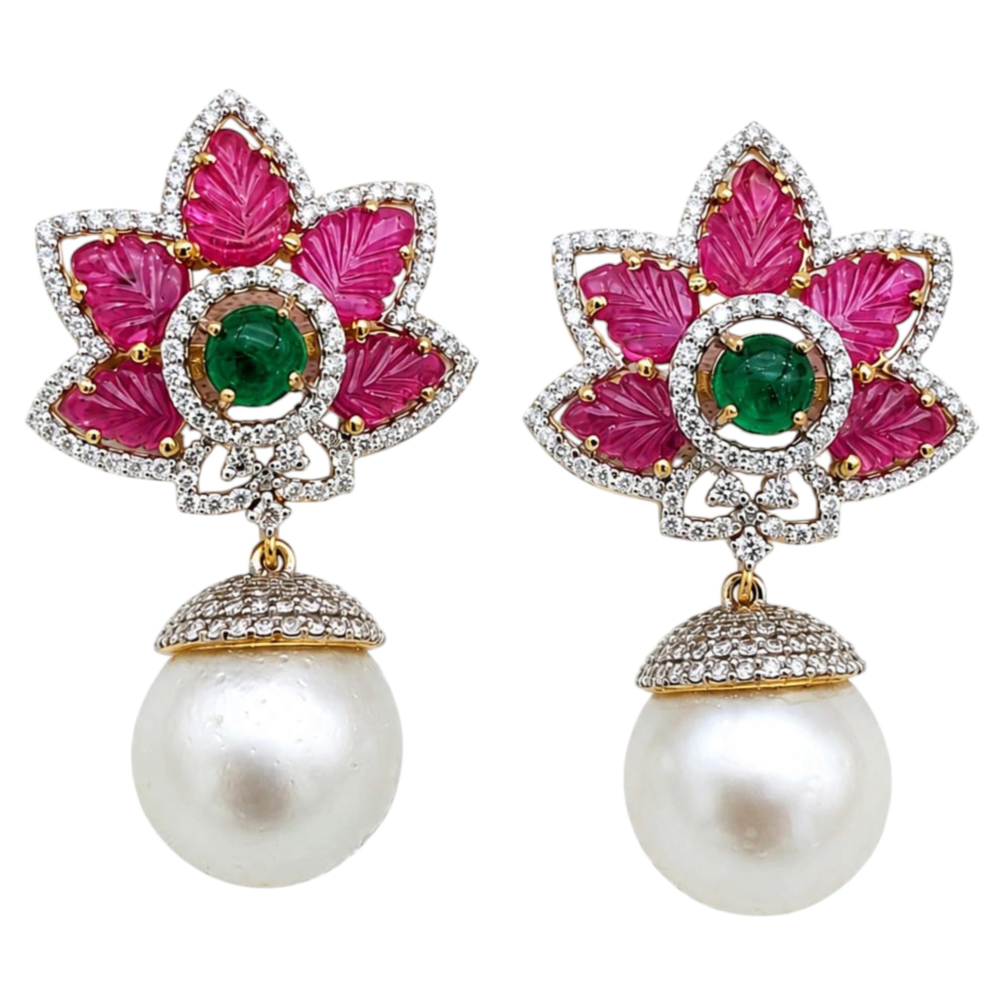 Designer 14K Gold Ruby, Emerald, Pearl & Diamond Earrings, 1.63ct For Sale