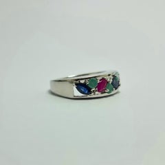 Natural Ruby Emerald Sapphire .925 Sterling Silver Rhodium Plated Ring