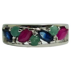 Natural Ruby Emerald Sapphire .925 Sterling Silver Rhodium Plated Ring