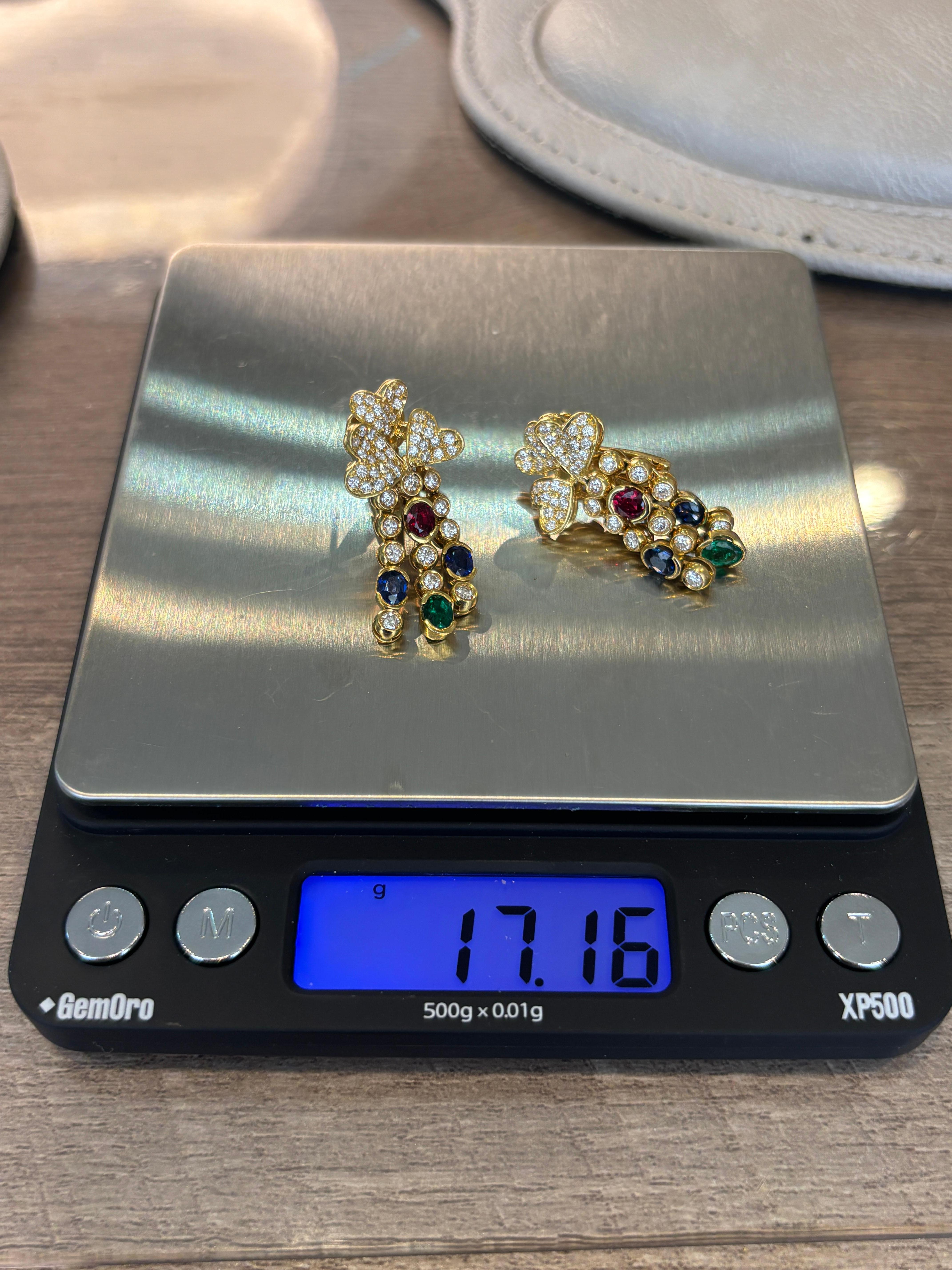 Oval Cut Natural Ruby Emerald Sapphire Diamond Dangle Omega Post Earrings 18K Yellow Gold For Sale
