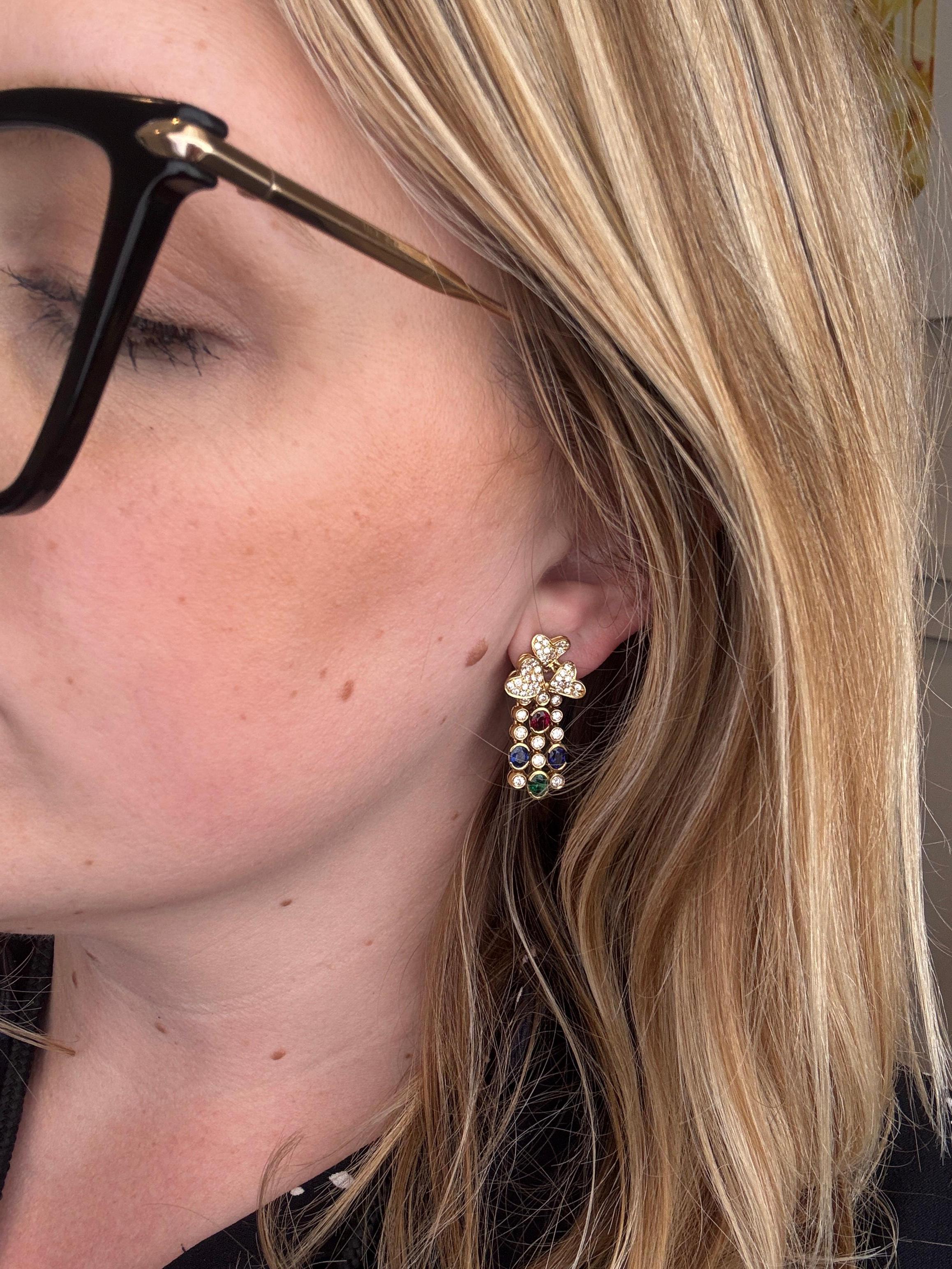 Natural Ruby Emerald Sapphire Diamond Dangle Omega Post Earrings 18K Yellow Gold In Excellent Condition For Sale In Carmel By The Sea, CA