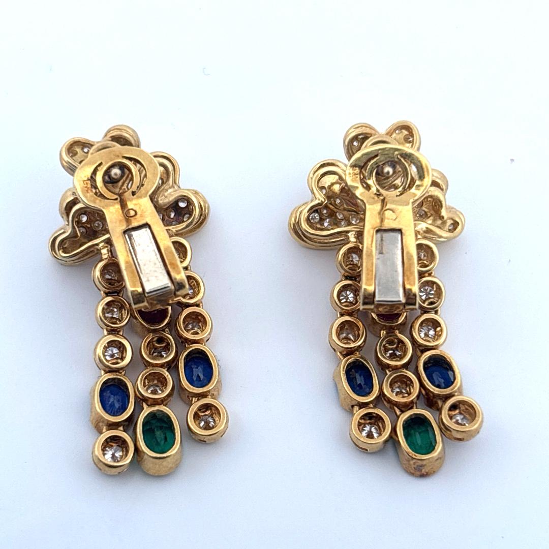Women's Natural Ruby Emerald Sapphire Diamond Dangle Omega Post Earrings 18K Yellow Gold For Sale