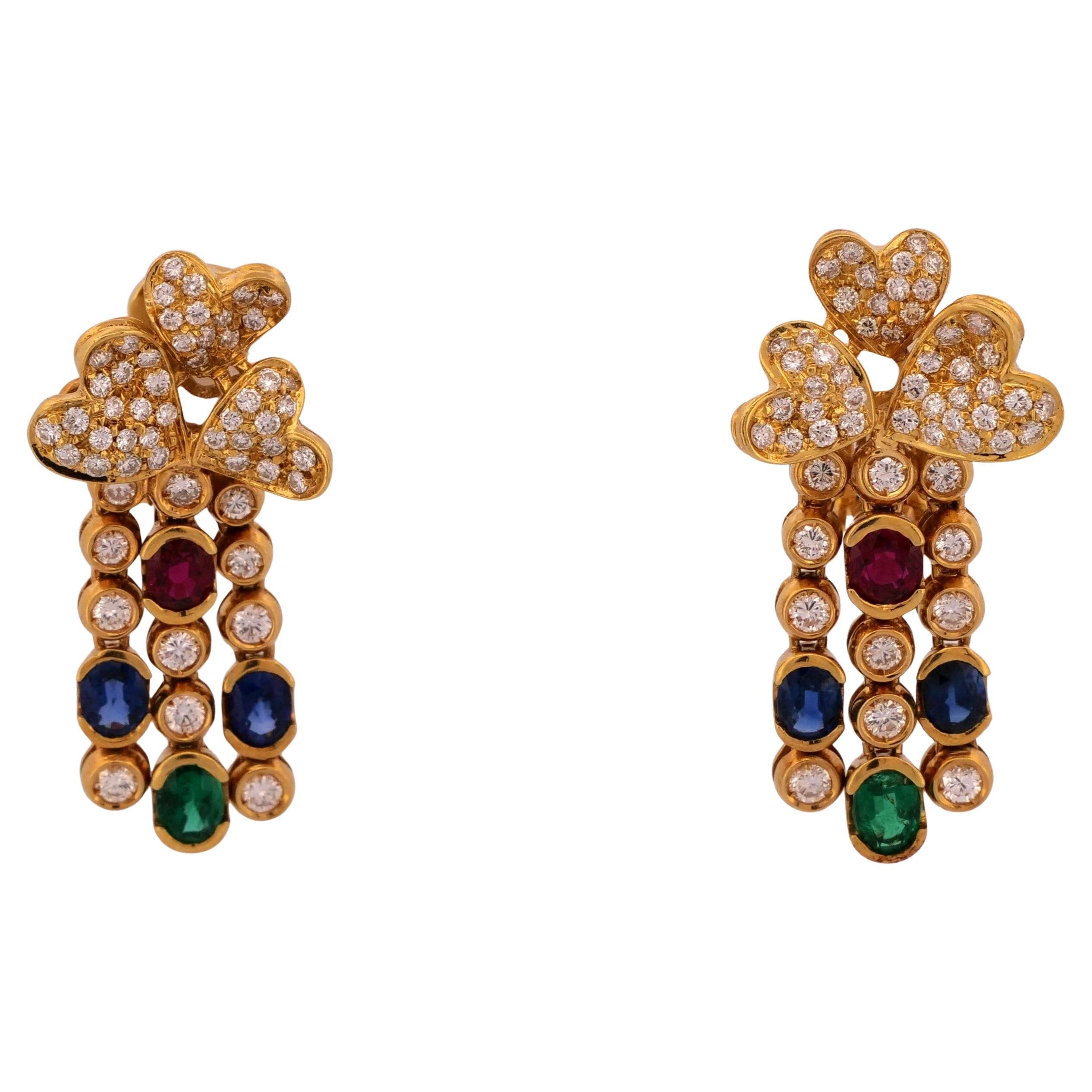 Natural Ruby Emerald Sapphire Diamond Dangle Omega Post Earrings 18K Yellow Gold For Sale