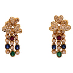 Natural Ruby Emerald Sapphire Diamond Dangle Omega Post Earrings 18K Yellow Gold