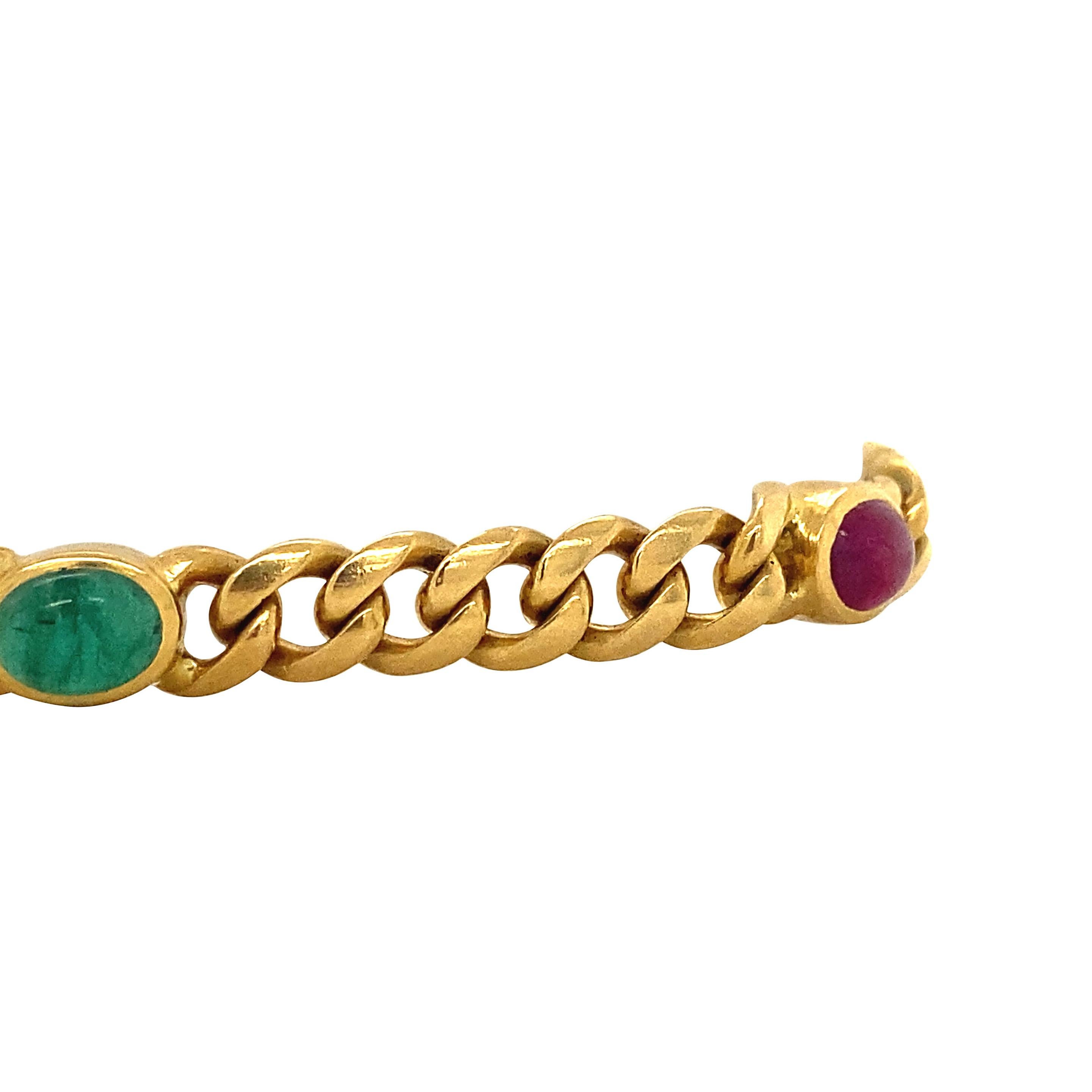Bracelet de chaîne en or jaune 18K massif avec rubis naturel, émeraude et saphir 20 cm Bon état - En vente à AMSTERDAM, NL