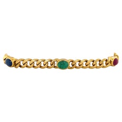 Bracciale a catena con rubino naturale, smeraldo e zaffiro in oro giallo 18 carati massiccio, 20 cm