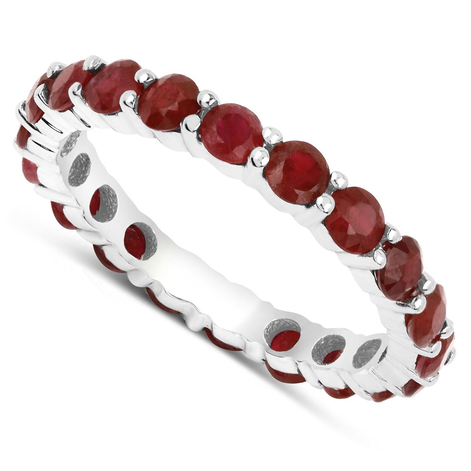 Round Cut Natural Ruby Eternity Band 14k White Gold For Sale