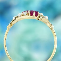 Natural Ruby Garnet and Pearl Vintage Style Two Stone Ring in Solid 14K Gold