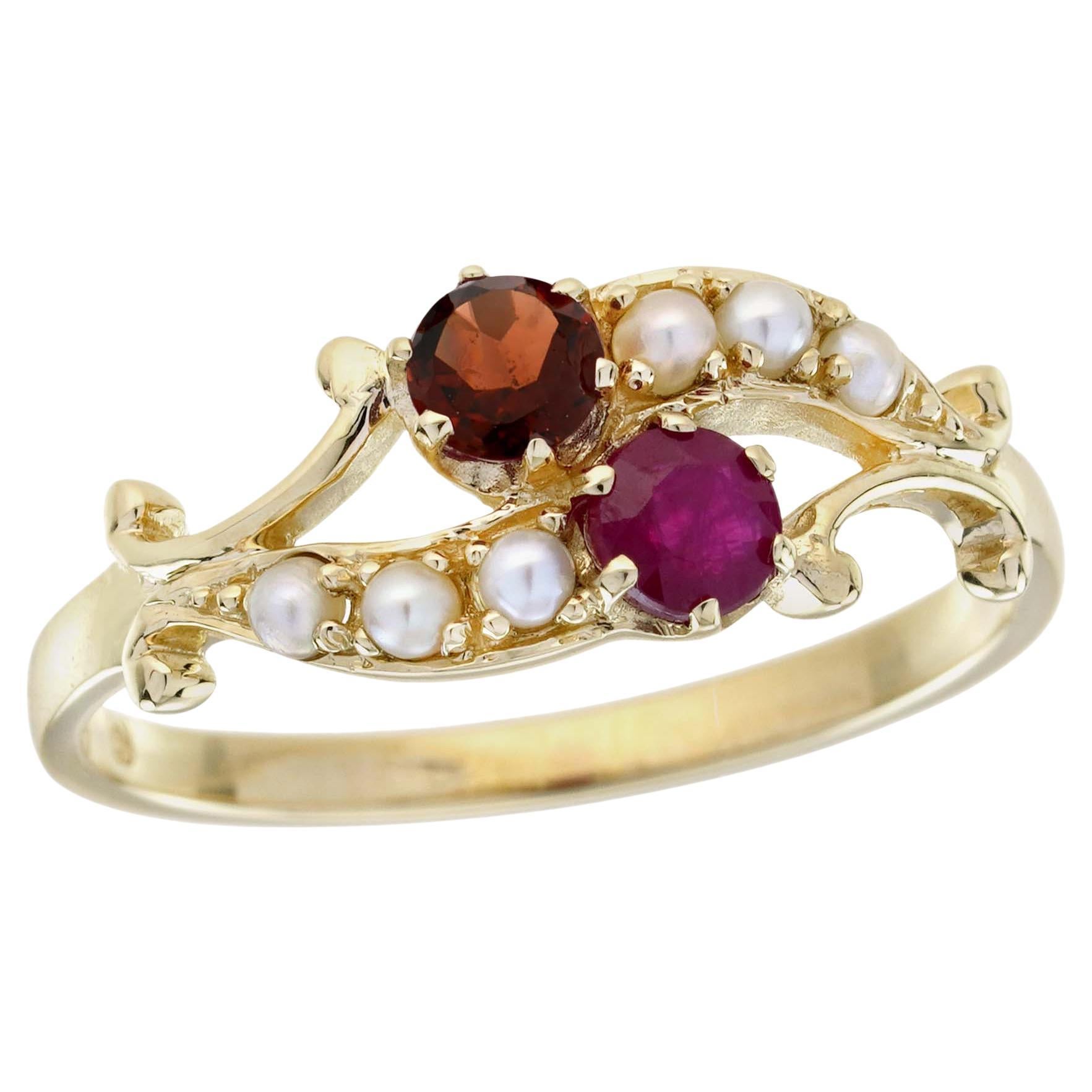 Natural Ruby Garnet and Pearl Vintage Style Two Stone Ring in Solid 14K Gold