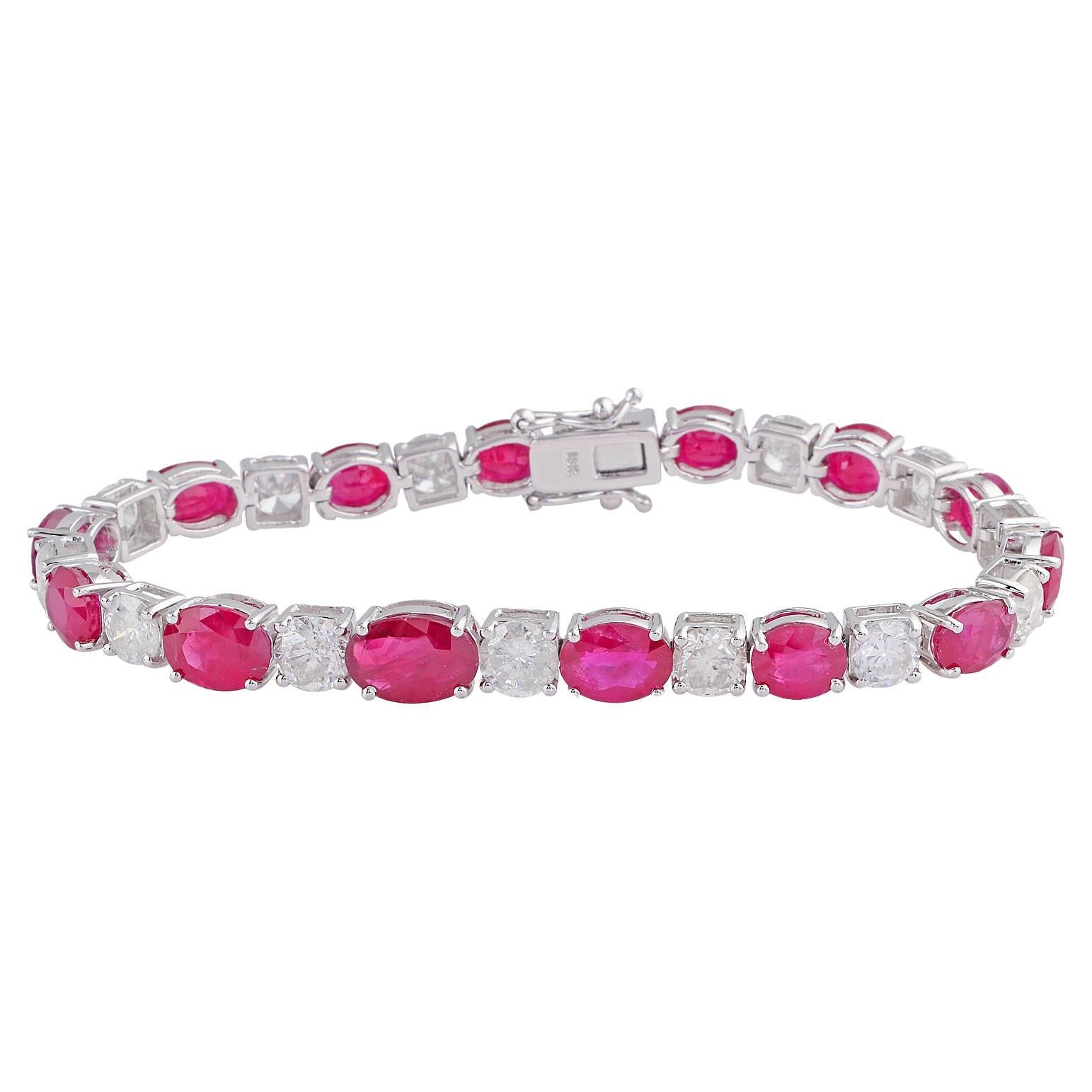 Natural Ruby Gemstone Bracelet Diamond 18 Karat White Gold Handmade Fine Jewelry