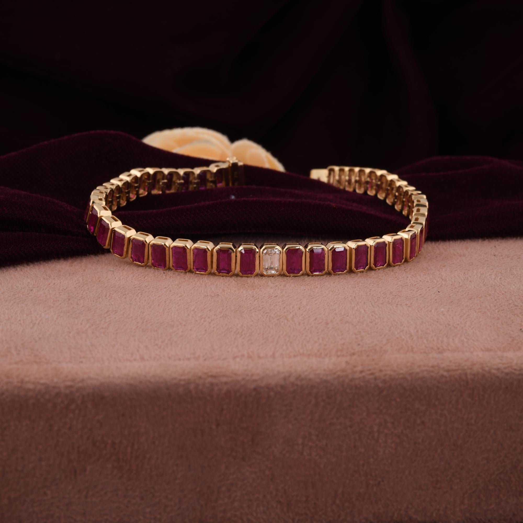 Emerald Cut Natural Ruby Gemstone Bracelet Diamond 10 Karat Yellow Gold Handmade Jewelry For Sale