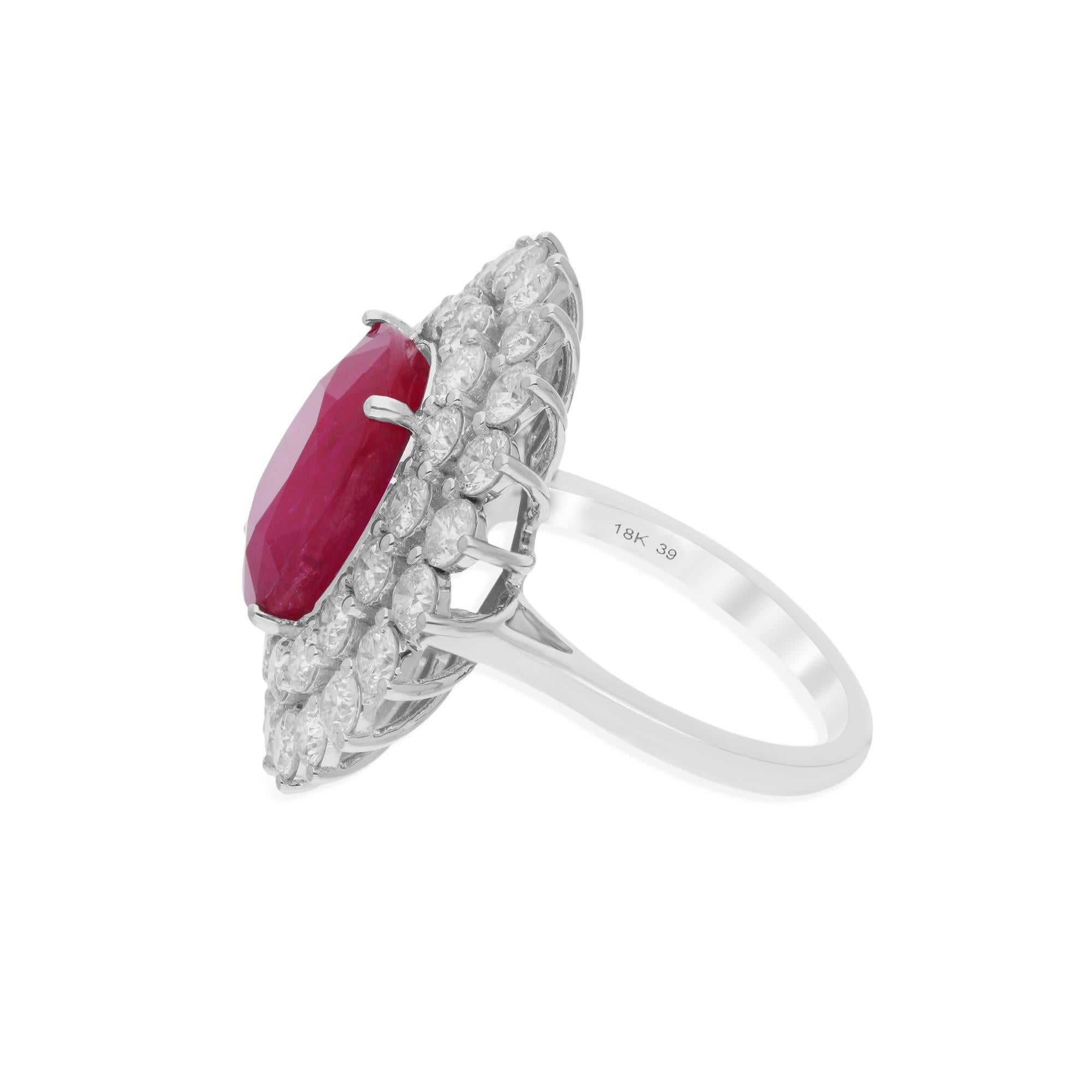 Modern Natural Ruby Gemstone Cocktail Ring Diamond 14 Karat White Gold Handmade Jewelry For Sale