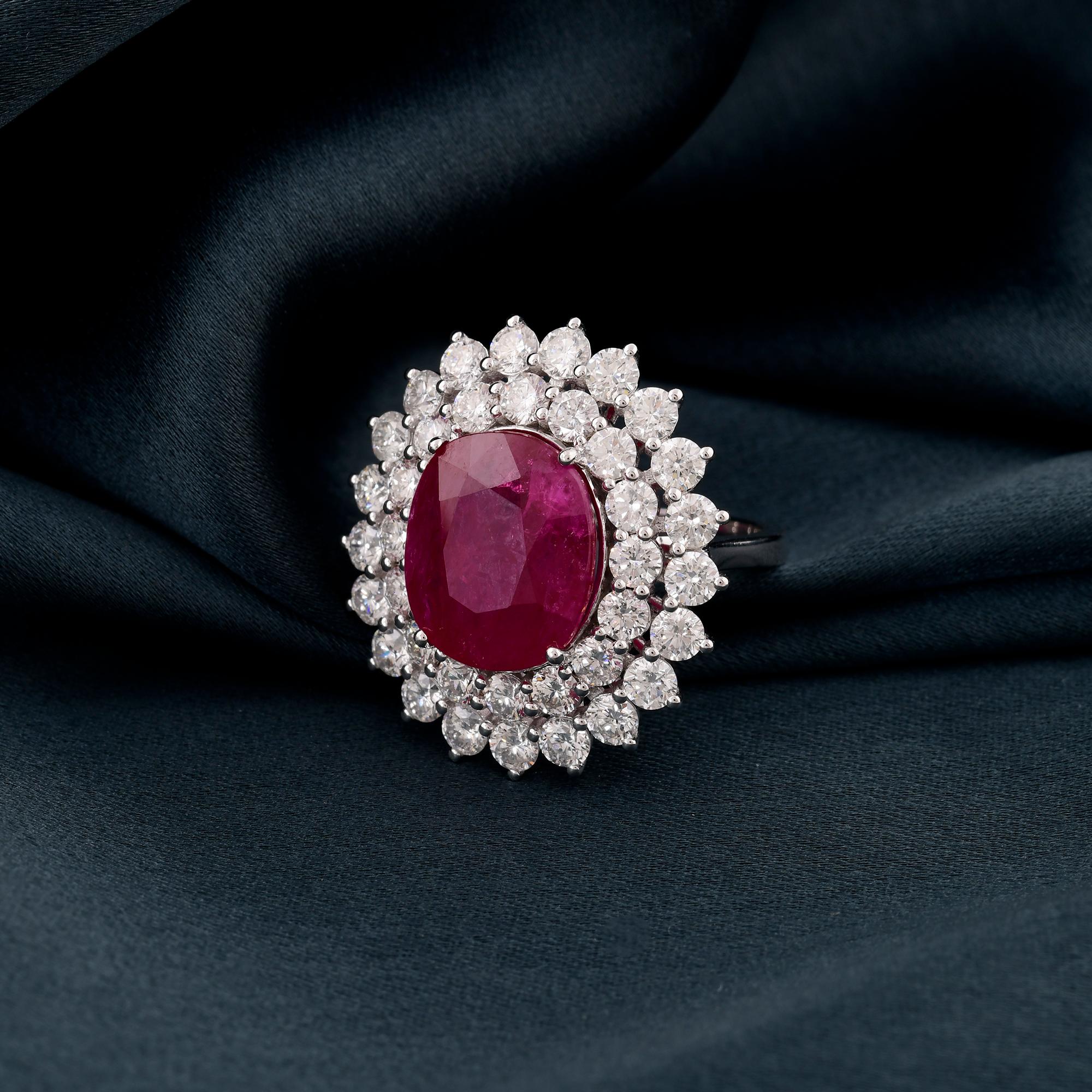 Round Cut Natural Ruby Gemstone Cocktail Ring Diamond 14 Karat White Gold Handmade Jewelry For Sale