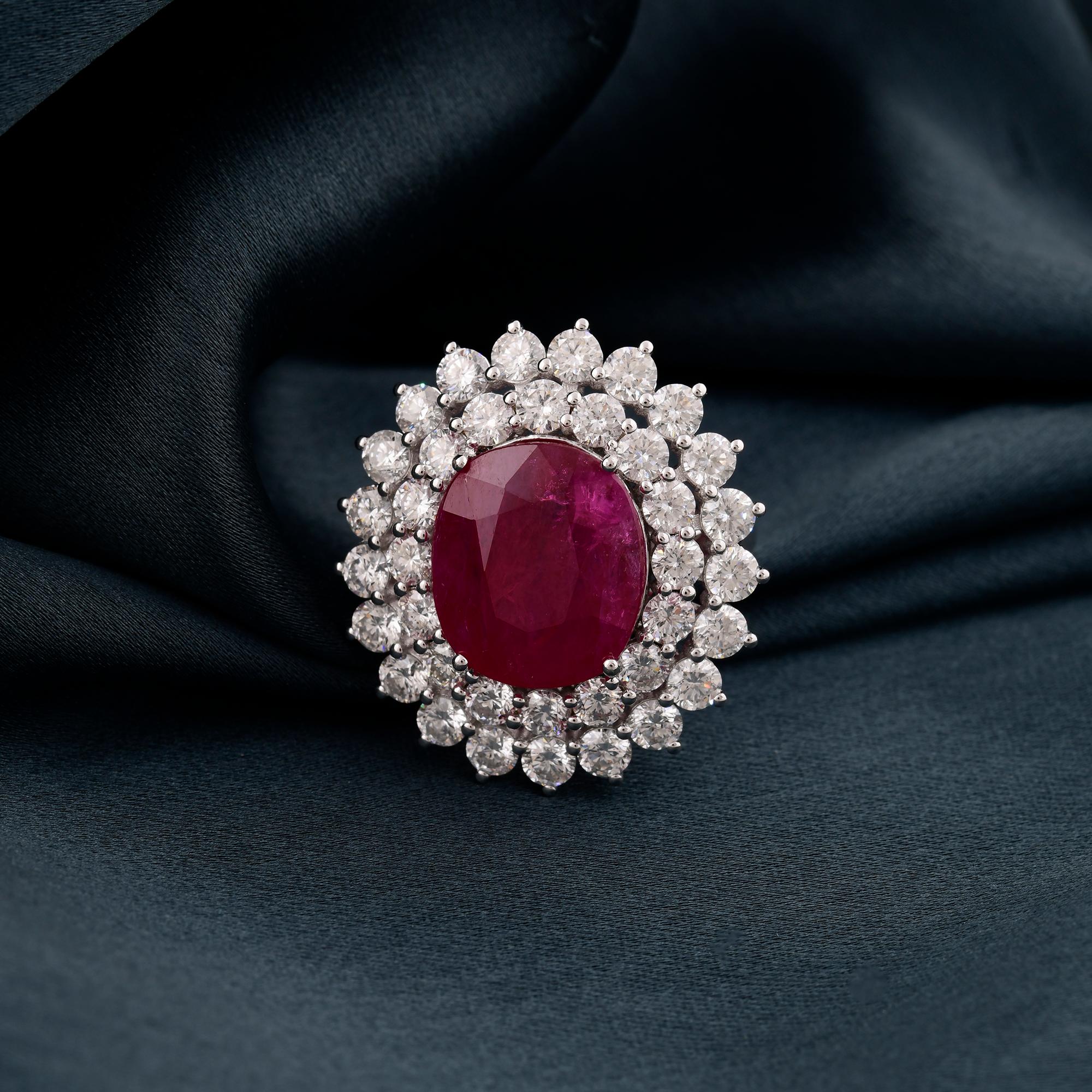 Women's Natural Ruby Gemstone Cocktail Ring Diamond 14 Karat White Gold Handmade Jewelry For Sale