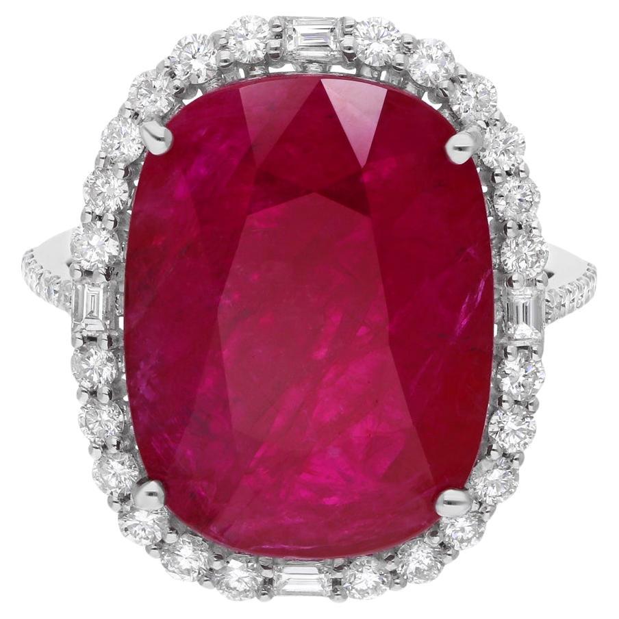 Bague cocktail en or blanc 14 carats avec rubis naturel et diamants, faite à la main