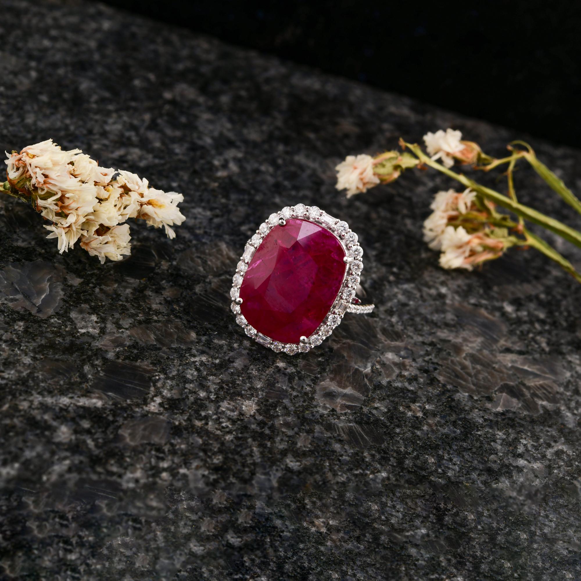 Oval Cut Natural Ruby Gemstone Cocktail Ring Diamond 18 Karat White Gold Handmade Jewelry For Sale