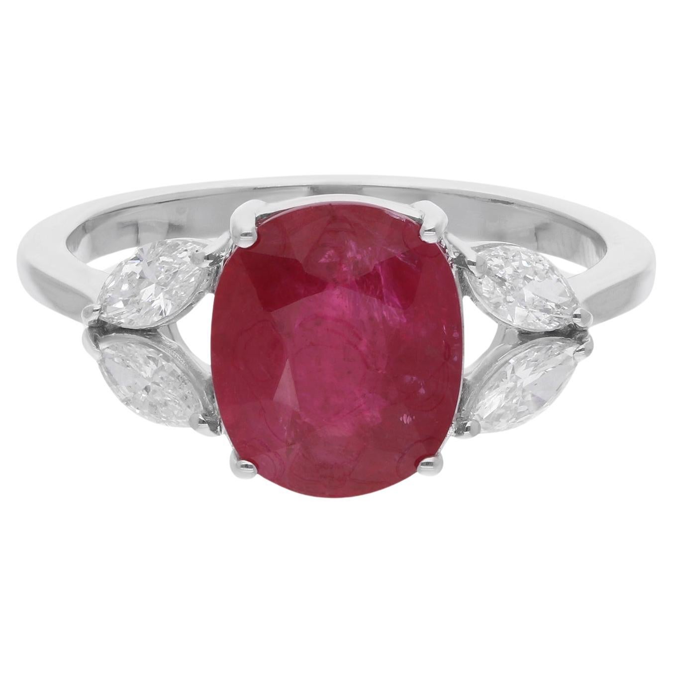 Natural Ruby Gemstone Cocktail Ring Marquise Diamond 14 Karat White Gold Jewelry For Sale